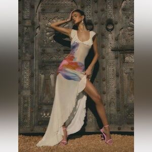 SOLD - Cream High Low Dress with Vibrant Print